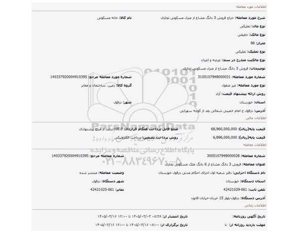 مزایده، فروش 3 دانگ مشاع از منزل مسکونی تجاری