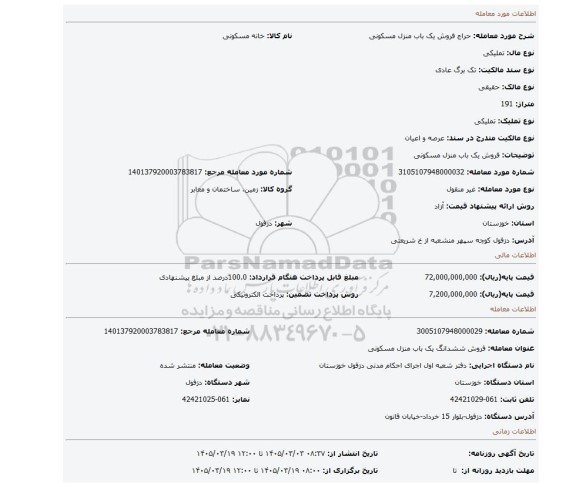 مزایده، فروش یک باب منزل مسکونی