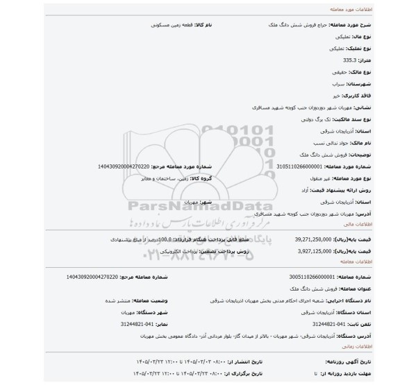 مزایده، فروش شش دانگ ملک