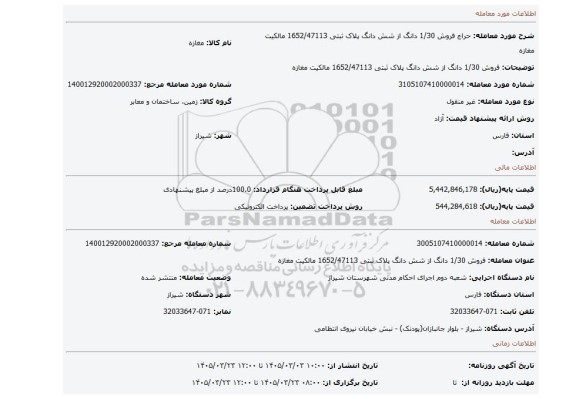 مزایده، فروش 1/30  دانگ از شش دانگ پلاک ثبتی 1652/47113   مالکیت مغازه