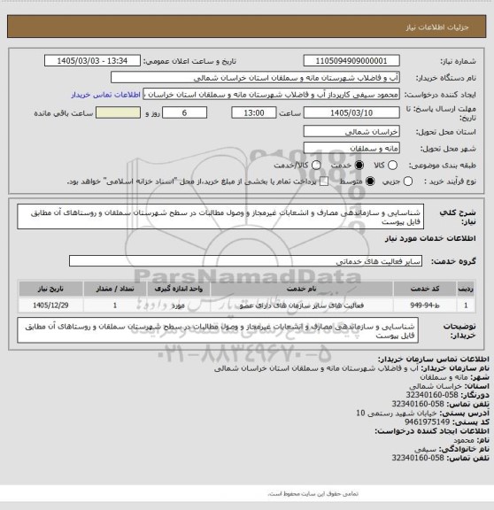 استعلام شناسایی و سازماندهی مصارف و انشعابات غیرمجاز و وصول مطالبات در سطح شهرستان سملقان و روستاهای آن مطابق فایل پیوست