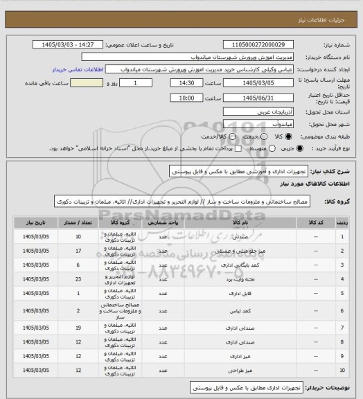 استعلام تجهیزات اداری و آموزشی مطابق با عکس و فایل پیوستی