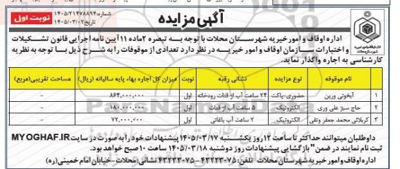 مزایده واگذاری تعدادی از موقوفات