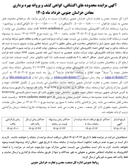 مزایده محدوده های اکتشافی ، گواهی کشف و پروانه بهره برداری معادن
