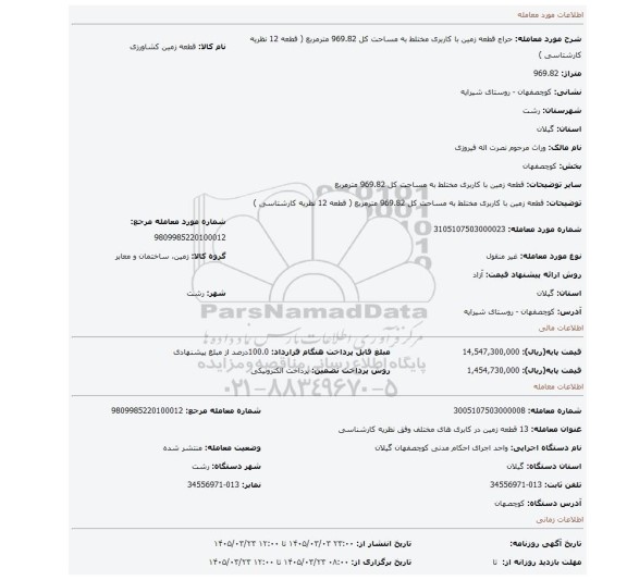مزایده، قطعه زمین با کاربری مختلط به مساحت کل 969.82 مترمربع ( قطعه 12 نظریه کارشتاسی )