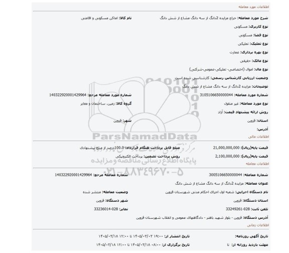 مزایده، مزایده 2دانگ از سه دانگ مشاع از شش دانگ