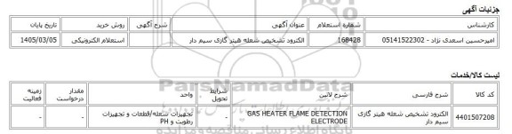 استعلام الکترونیکی، الکترود تشخیص شعله هیتر گازی سیم دار