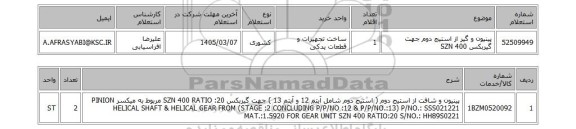 استعلام پینیون و گیر از استیج دوم جهت گیربکس SZN 400