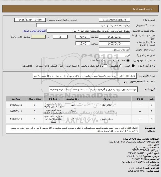 استعلام اکتیل الکل 8 لیتر ، پودر لیتیم هیدروکسید منوهیدرات 6 کیلو و محلول لیتیم مولیبدات 10 درصد 5 لیتر