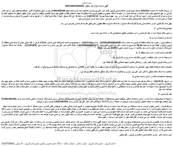 مزایده ملک قطعه چهار تفکیکی به مساحت 12.5مترمربع
