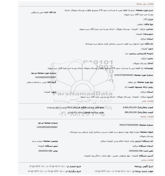 مزایده، یک قطعه زمین به مساحت حدود 170 مترمربع ،واقع در روستای چهرقان، ابتدای روستا جنب منزل آقای سید صبوری