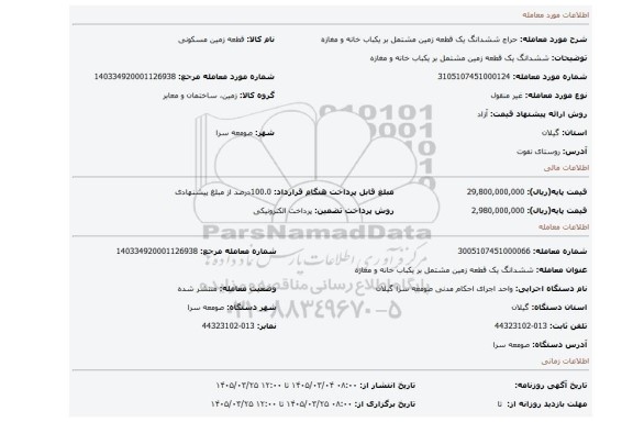 مزایده، ششدانگ یک قطعه زمین مشتمل بر یکباب خانه و مغازه