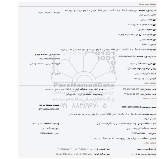 مزایده، مزایده 3 دانگ از 6 دانگ پلاک ثبتی 13740 فرعی از 1 واقع در بناب اول بلوار لاله ملکی محسن خیری