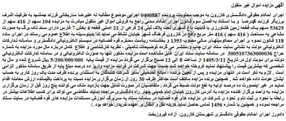 مزایده 104 سهم از 416 سهم از 53629 سهم یک قطعه زمین کشاورزی با قابلیت باغ شهری تحت پلاک ثبتی 24 فرعی از 21 اصلی قطعه 4