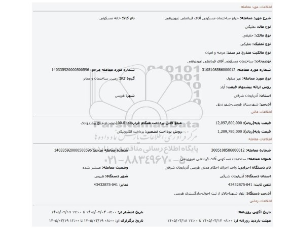 مزایده، ساختمان مسکونی آقای قربانعلی غیورزرنقی