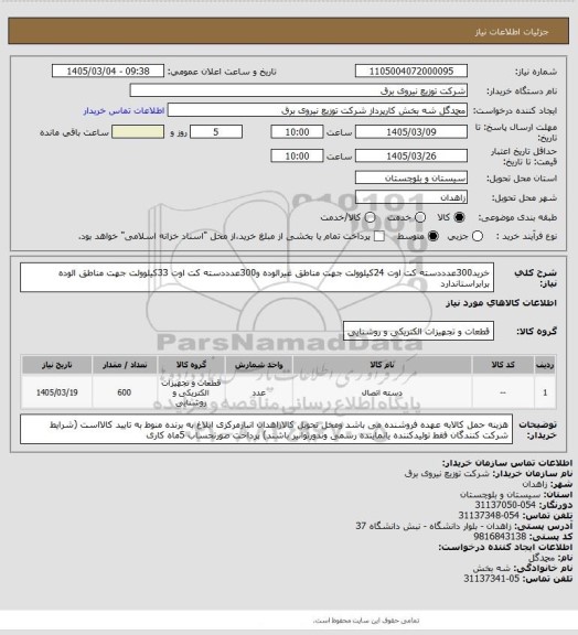 استعلام خرید300عدددسته کت اوت 24کیلوولت جهت مناطق غیرالوده و300عدددسته کت اوت 33کیلوولت جهت مناطق الوده برابراستاندارد