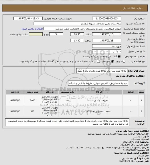 استعلام 7000 عدد سی دی و500 عدد دی وی دی 4 گیگ