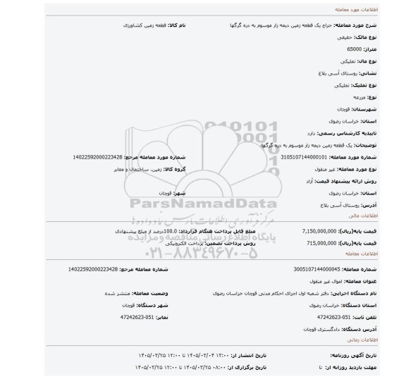 مزایده، یک قطعه زمین دیمه زار موسوم به دره گرگها