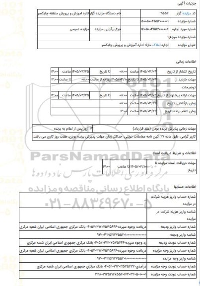 مزایده ، اجاره املاک مازاد اداره آموزش و پرورش چابکسر