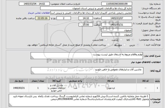 استعلام لوازم واقلام مربوط به اشتغال طبق لیست پیوست