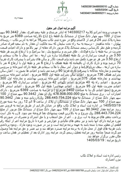 مزایده مقدار 90.3442 سهم مشاع از 100 سهم چهار دانگ مشاع