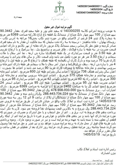 مزایده مقدار 90.3442 سهم مشاع از 100 سهم چهار دانگ مشاع از ششدانگ یک قطعه باغ باغ تالار به مساحت (6369 متر مربع به شماره پلاک ثبتی 24 فرعی از 3 اصلی