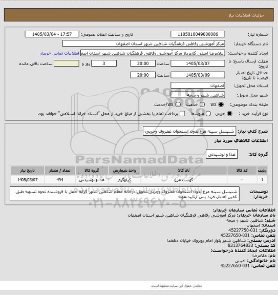 استعلام شنیسل سینه مرغ بدون استخوان غضروف وچربی