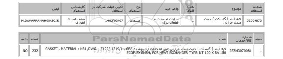 استعلام لایه آببند ( گاسکت ) جهت مبدل حرارتی