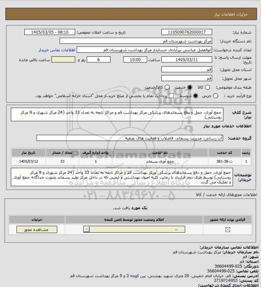 استعلام جمع آوری، حمل و دفع پسماندهای پزشکی مرکز بهداشت قم و مراکز تابعه به تعداد 33 واحد (24 مرکز شهری و 9 مرکز روستایی)