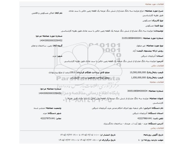 مزایده، مزایده سه دانگ مشاع از شش دنگ  عرصه یک قطعه زمین خالی با سند عادی طبق نظریه کارشناسی