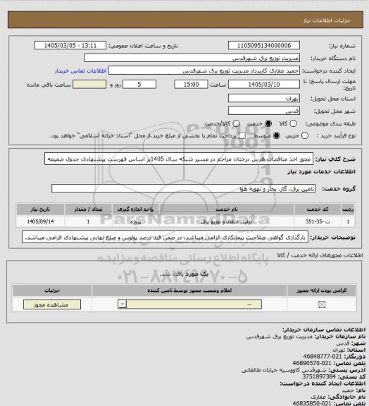 استعلام مجوز اخذ مناقصات هرس درختان مزاحم در مسیر شبکه سال 1405بر اساس فهرست پیشنهادی جدول ضمیمه