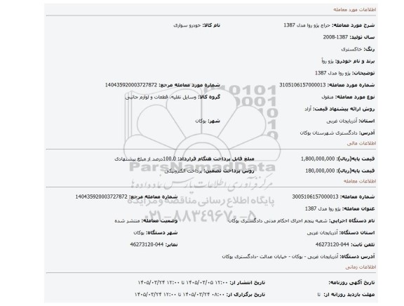 مزایده، پژو روا مدل 1387