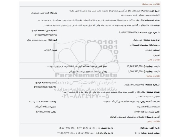 مزایده،  ملک واقع در گلشهر محله وداغ محدوده تحت شرب چاه اوکی که طبق نظریه کارشناسی زمین معرفی شده به مساحت ز