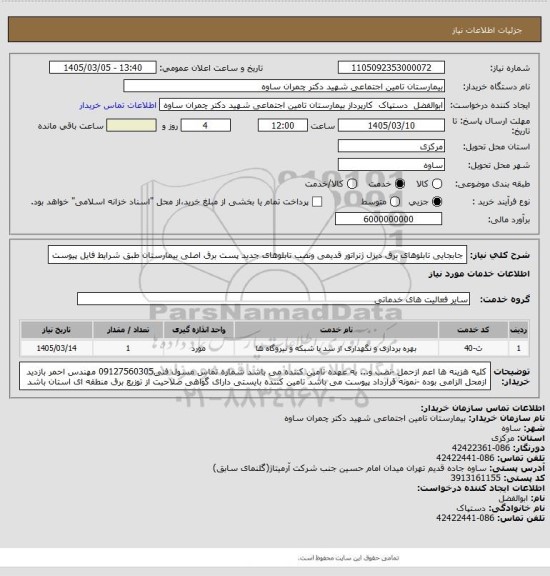 استعلام جابجایی تابلوهای برق دیزل ژنراتور قدیمی ونصب تابلوهای جدید پست برق اصلی بیمارستان طبق شرایط فایل پیوست