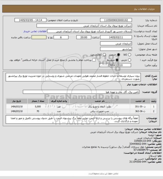 استعلام برون سپاری توسعه و احداث خطوط فشار ضعیف هوایی تعهدات مردمی شهری و روستایی در حوزه مدیریت توزیع برق پیرانشهر بصورت دستمزدی