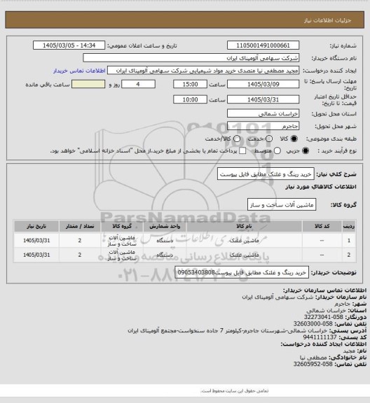 استعلام خرید رینگ و غلتک مطابق فایل پیوست