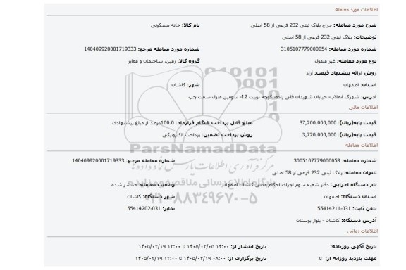 مزایده، پلاک ثبتی 232 فرعی از 58 اصلی