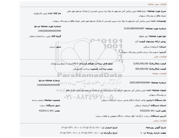 مزایده، قطعه زمین زراعی آبی مشهور به زیغا دره سینین اوستی از ماترک مرحوم مهر علی دلیری واقع در روستای سهزاب