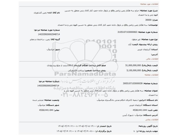 مزایده،  سه هکتار زمین زراعی واقع در باروق جاده حمید کنار کانال بتنی متعلق به حسین قهوه چی و ندا احمدی
