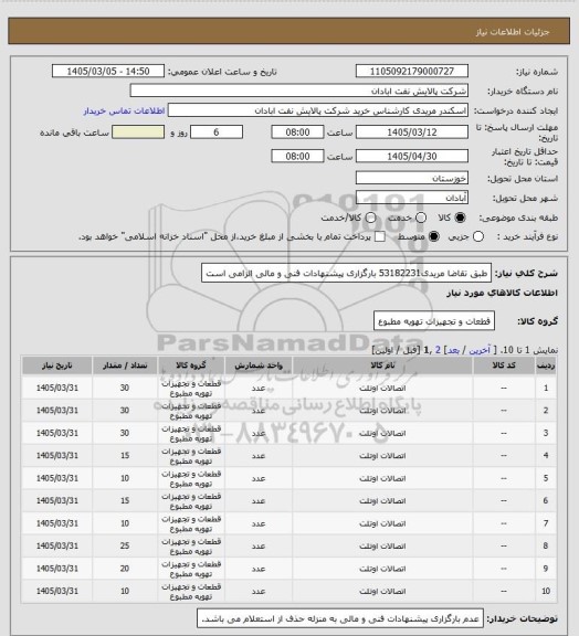 استعلام طبق تقاضا
مریدی53182231 بارگزاری پیشنهادات فنی و مالی الزامی است