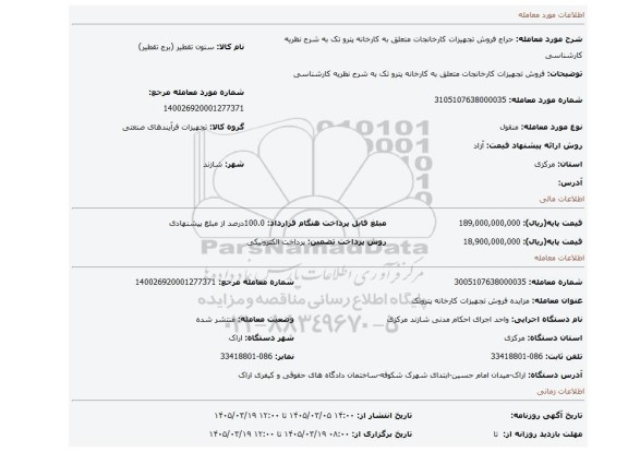 مزایده، فروش تجهیزات کارخانجات متعلق به کارخانه پترو تک به شرح نظریه کارشناسی