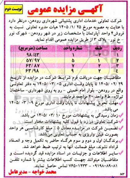 مزایده فروش 4 واحد آپارتمان-  نوبت دوم
