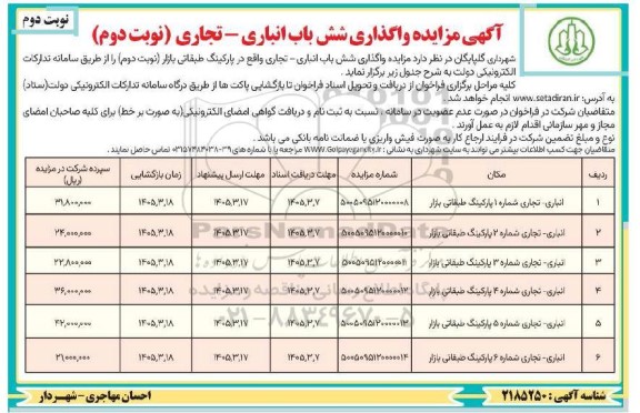مزایده واگذاری شش باب انباری - تجاری نوبت دوم نوبت دوم