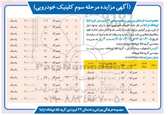 مزایده مرحله سوم کلینیک خودرویی