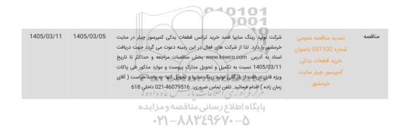 تمدید مناقصه خرید ترانس قطعات یدکی کمپرسور چیلر 