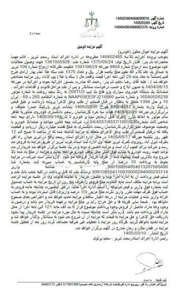 مزایده ششدانگ یک دستگاه خودروی سواری پژو هاچ بک تیپ 206TU3 