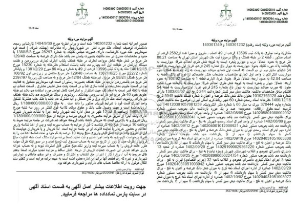 مزایده مقدار یک واحد تجاری به پلاک ثبتی 13596 فرعی از 49 اصلی ، مفروز و مجزا شده از 2582 فرعی از اصلی مذکور