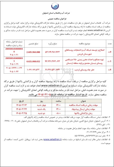 مناقصه اصلاح و توسعه شبکه آب و انشعابات روستاهای شهرستان فریدن و...