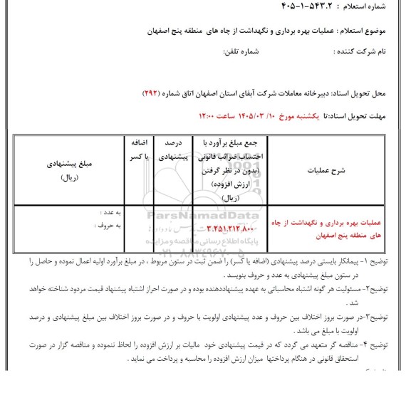 استعلام  عملیات بهره برداری و نگهداشت از چاه های منطقه پنج