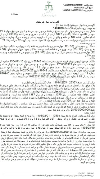 مزایده فروش بیست و دو ممیز چهادهم سهم مشاع از هشتاد و چهار سهم ملک...